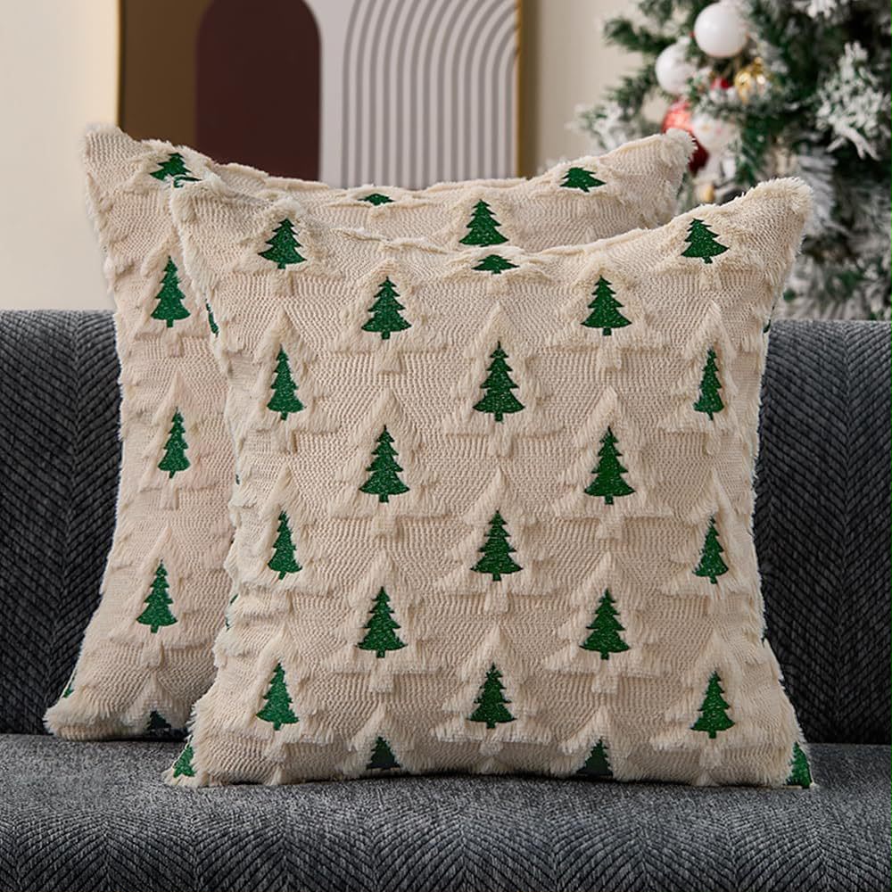 Juniper Green Christmas Tree Cushion, beige tufted cover with dark green trees