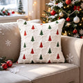 Holly Red and Green Christmas Tree Cushion, white tufted cover with red and green trees