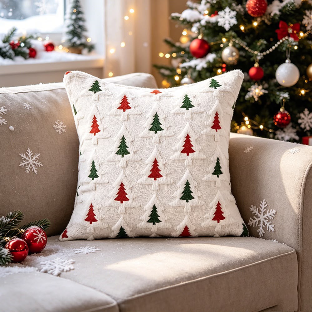 Holly Red and Green Christmas Tree Cushion, white tufted cover with red and green trees