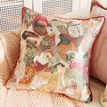 Cressida Bird Tapestry Cushion, woven birds and blooms with red piping