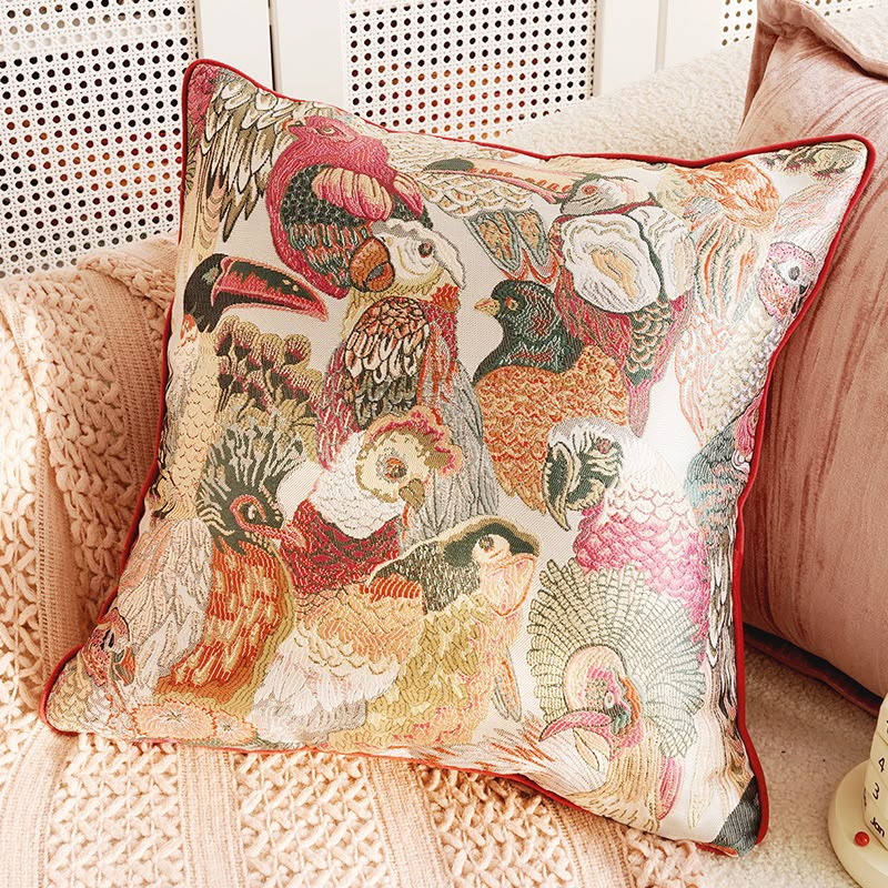 Cressida Bird Tapestry Cushion, woven birds and blooms with red piping