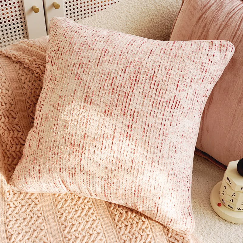 Delphine Rose Chenille Fringe Cushion, pink marled chenille with a red fringed edge
