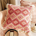 Esme Diamond Tufted Fringe Cushion, pink diamond tufting with a cream fringed edge