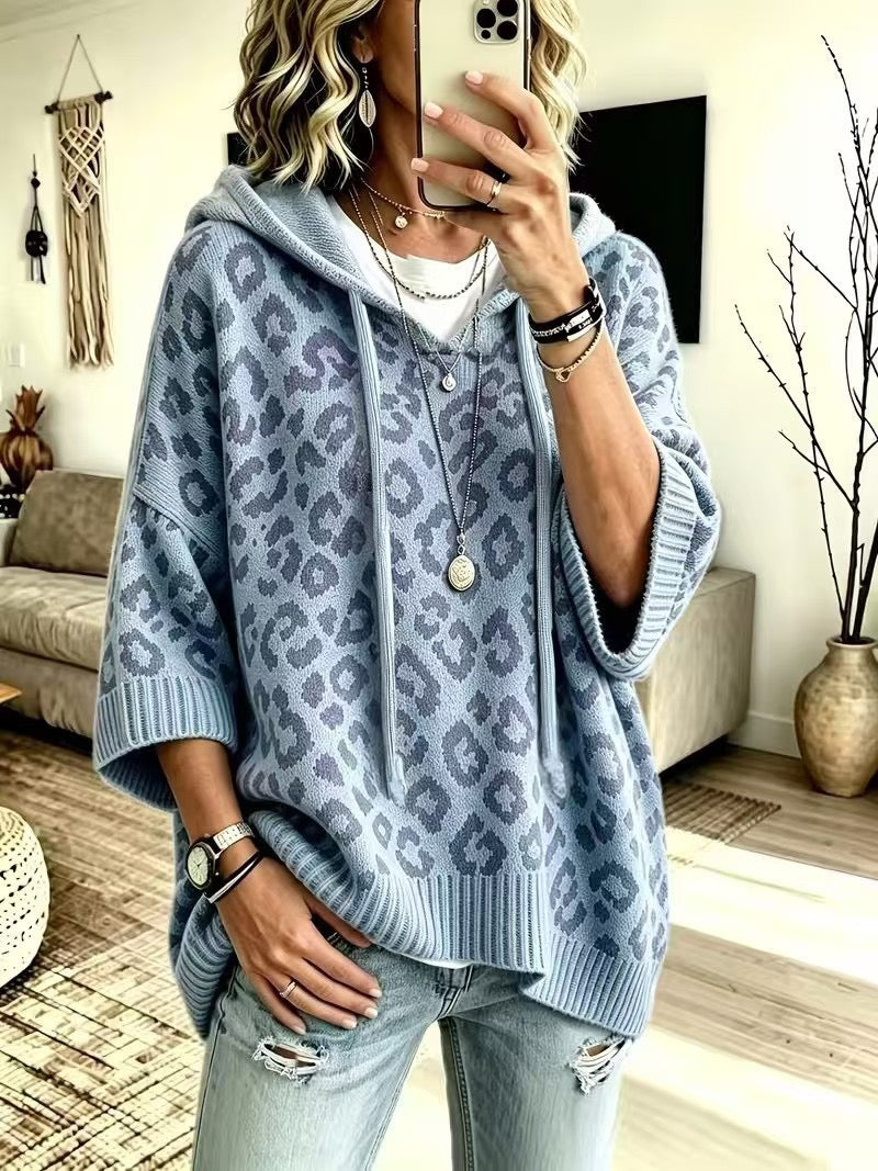 Sylvia | Dusty Blue Leopard Hood Poncho Sweater