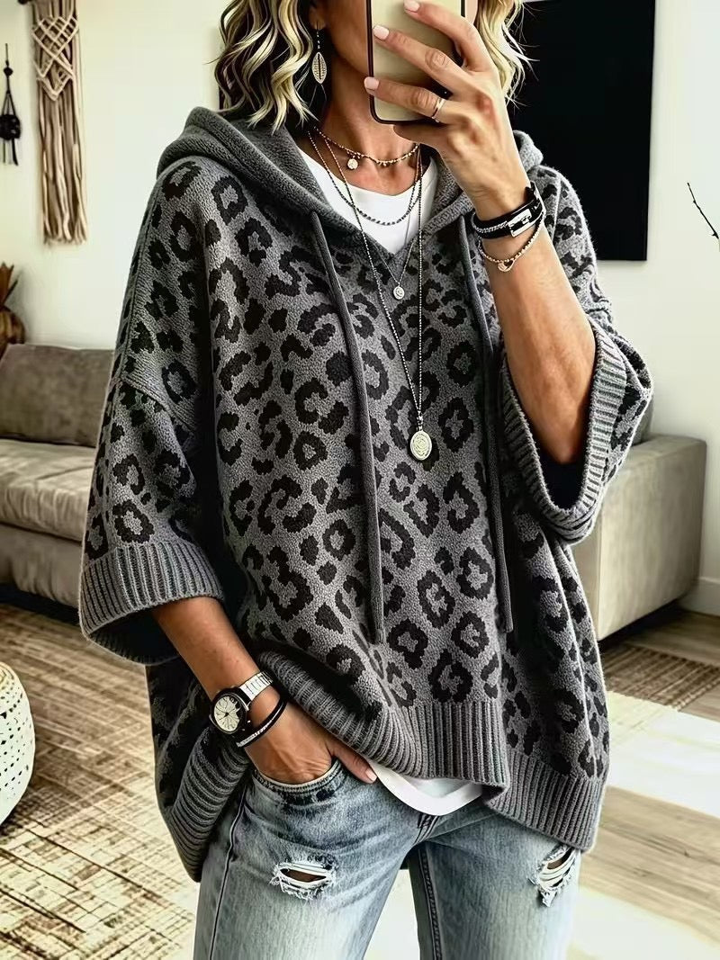 Josephine | Charcoal Leopard Hood Poncho Sweater