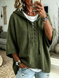 Prudence | Olive Green Lace-Up Hood Poncho Sweater
