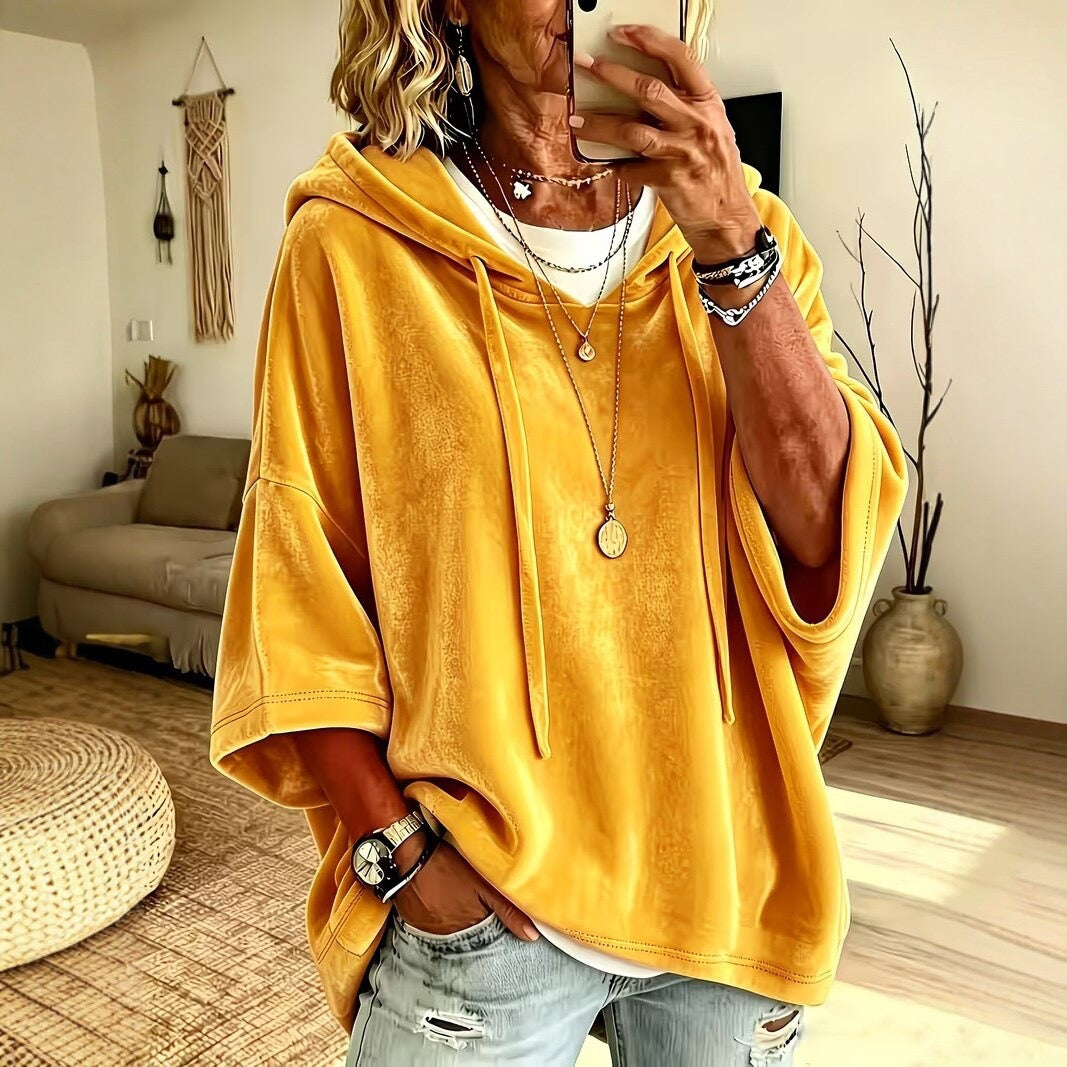 Cornelia | Mustard Velvet Hood Poncho Sweater