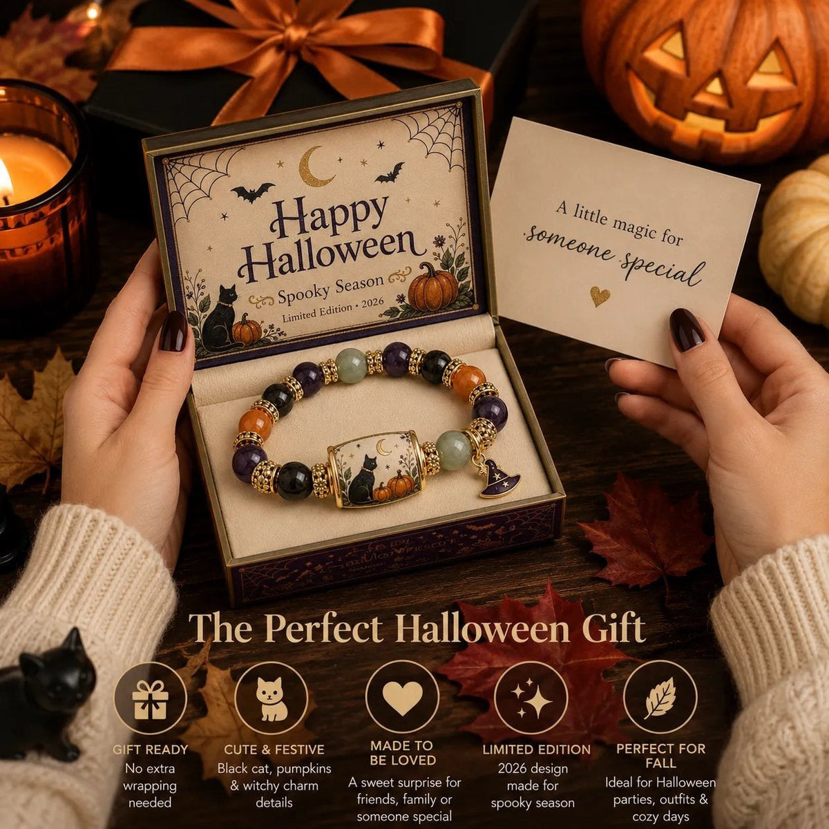 Halloween Black Cat Gemstone Bracelet