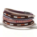 Winifred mauve leather wrap bracelet — layered mauve and lilac leather, braid and mixed bead strands with a magnetic clasp