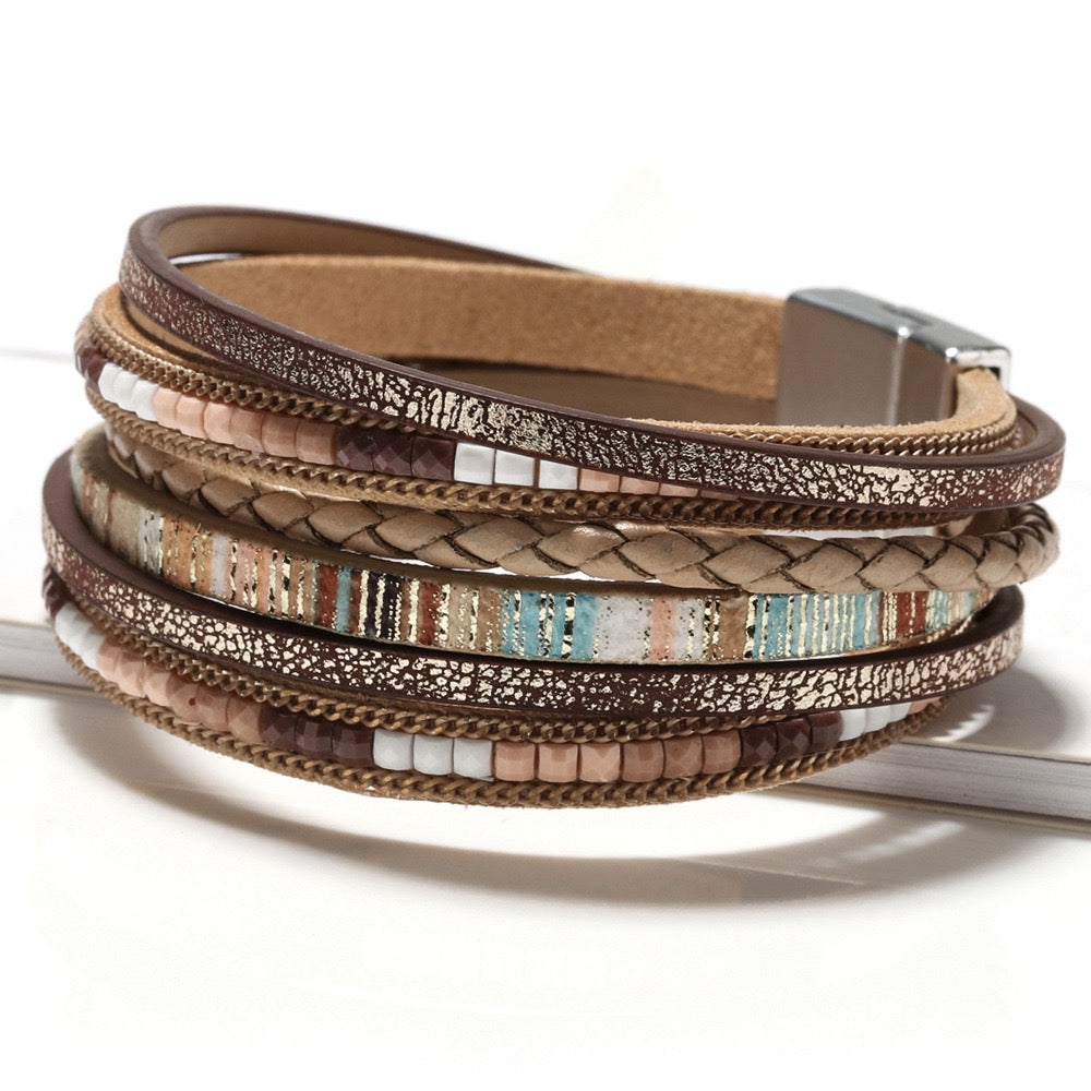 Eleanor tan leather wrap bracelet — layered tan and cream leather, braid and earthy bead strands with a magnetic clasp