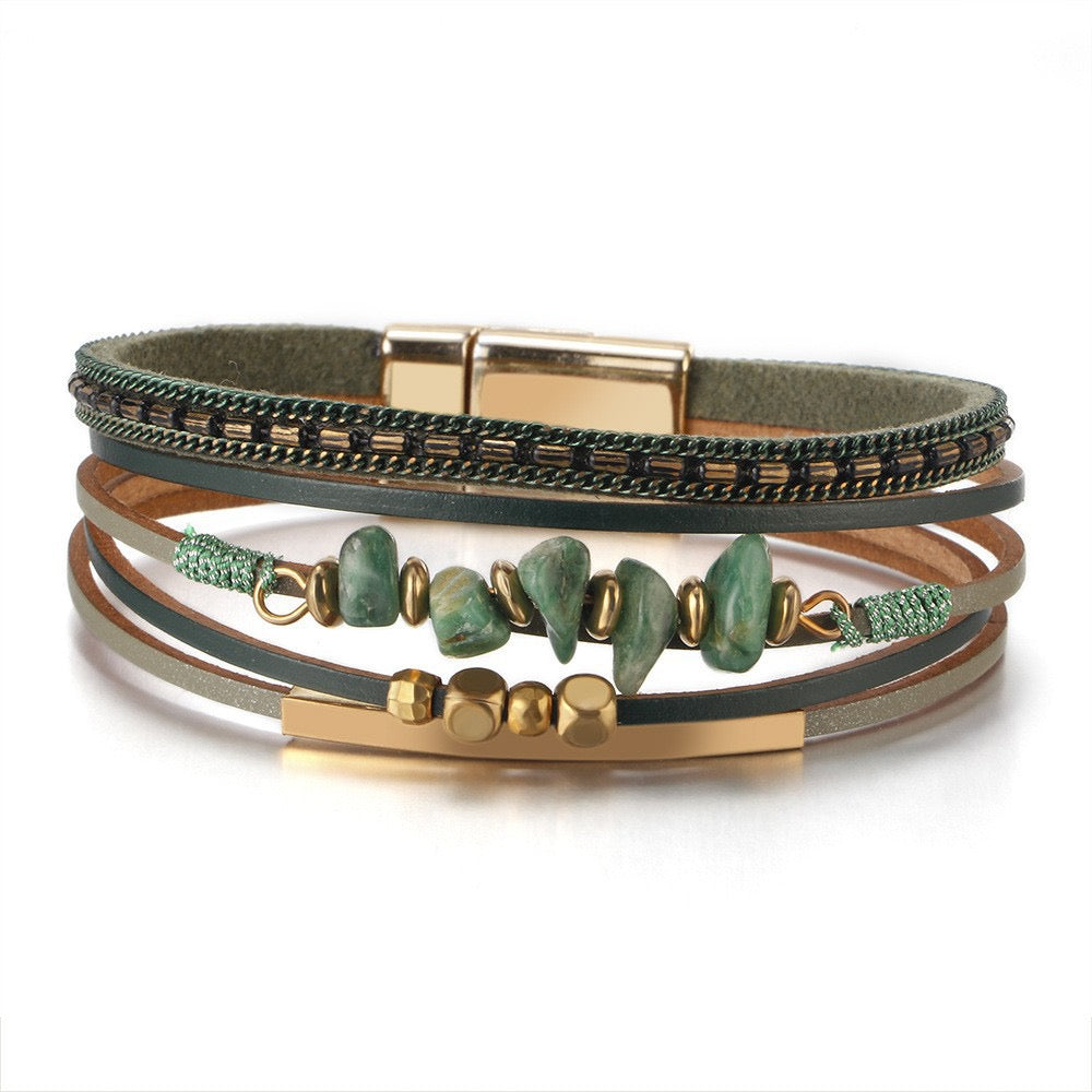 Agnes green stone chip leather bracelet — layered olive leather strands with green stone chips, gold-tone bar and magnetic clasp