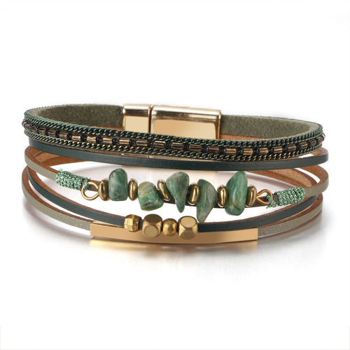 Agnes green stone chip leather bracelet — layered olive leather strands with green stone chips, gold-tone bar and magnetic clasp