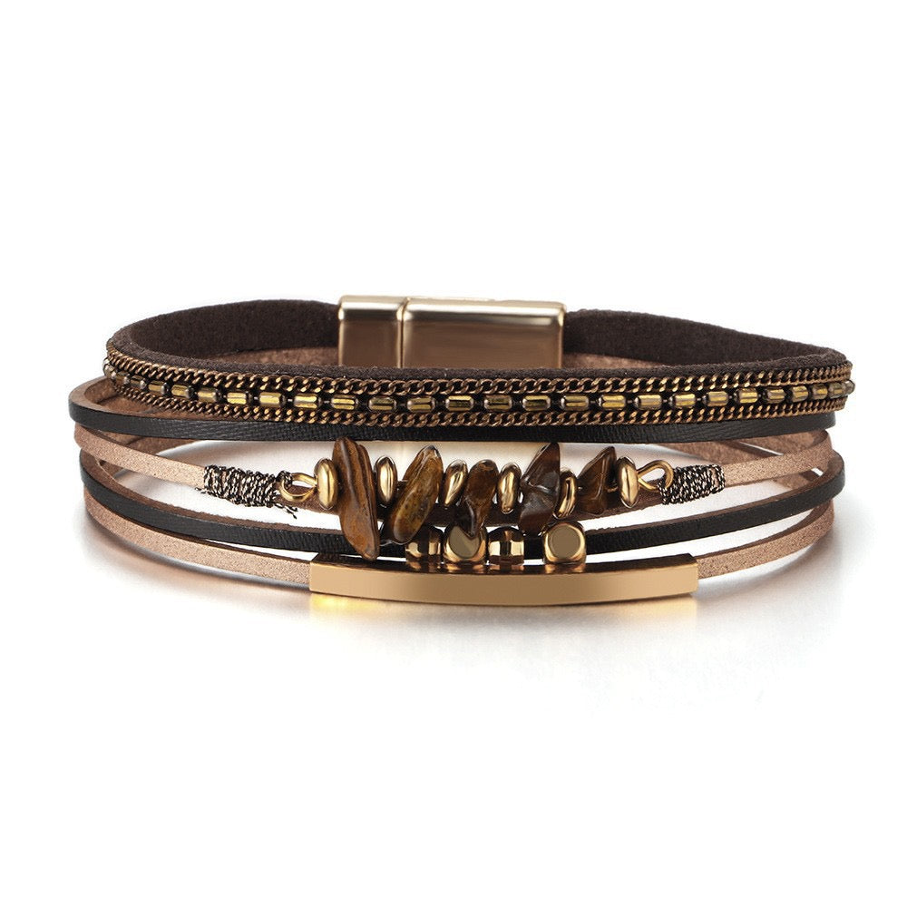 Mabel tiger eye chip leather bracelet — layered brown leather strands with golden-brown tiger eye stone chips, gold-tone bar and magnetic clasp