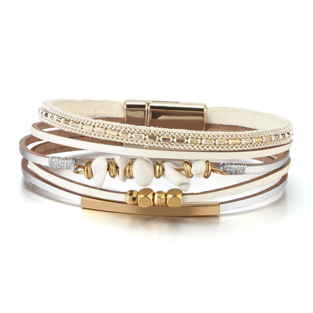 Primrose white stone chip leather bracelet — layered cream and white leather strands with white stone chips, gold-tone bar and magnetic clasp