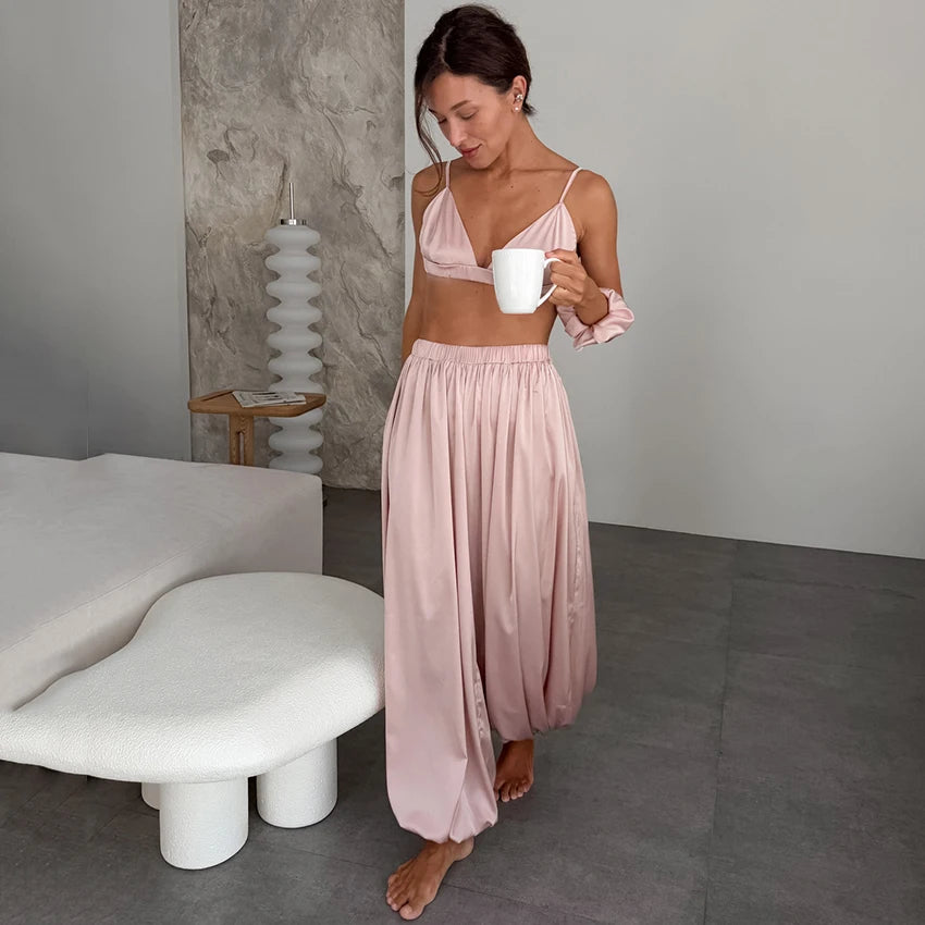 Hiloc Elegant Satin Trousers 2 Piece Set Pajamas Women Casual Crop Top Vest With Wide Leg Pants Suits Summer Sexy Sleepwear 2026