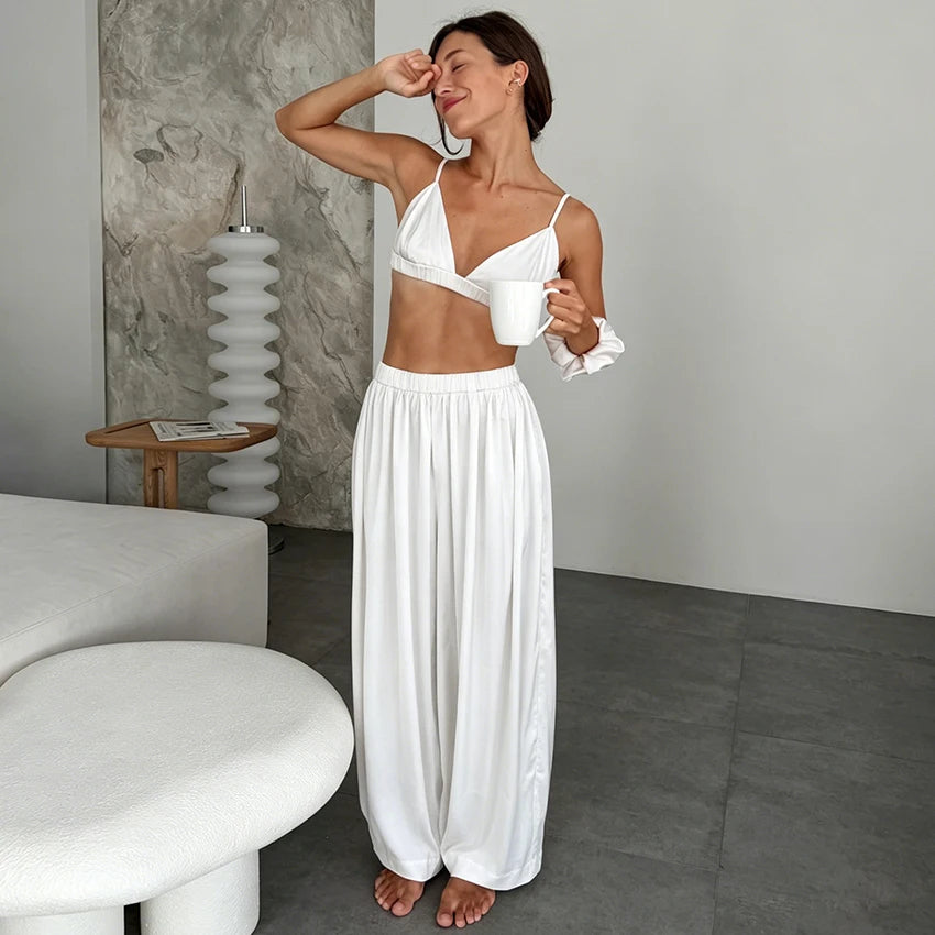 Hiloc Elegant Satin Trousers 2 Piece Set Pajamas Women Casual Crop Top Vest With Wide Leg Pants Suits Summer Sexy Sleepwear 2026