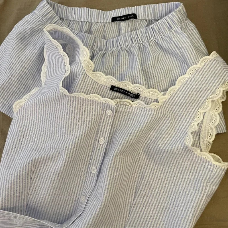 Striped Women Pajamas Summer Sleepwear Sleeveless Shorts Sets 2 Pieces Lace Night Wears Tank Korean Sleeping Home Suit 2025 New