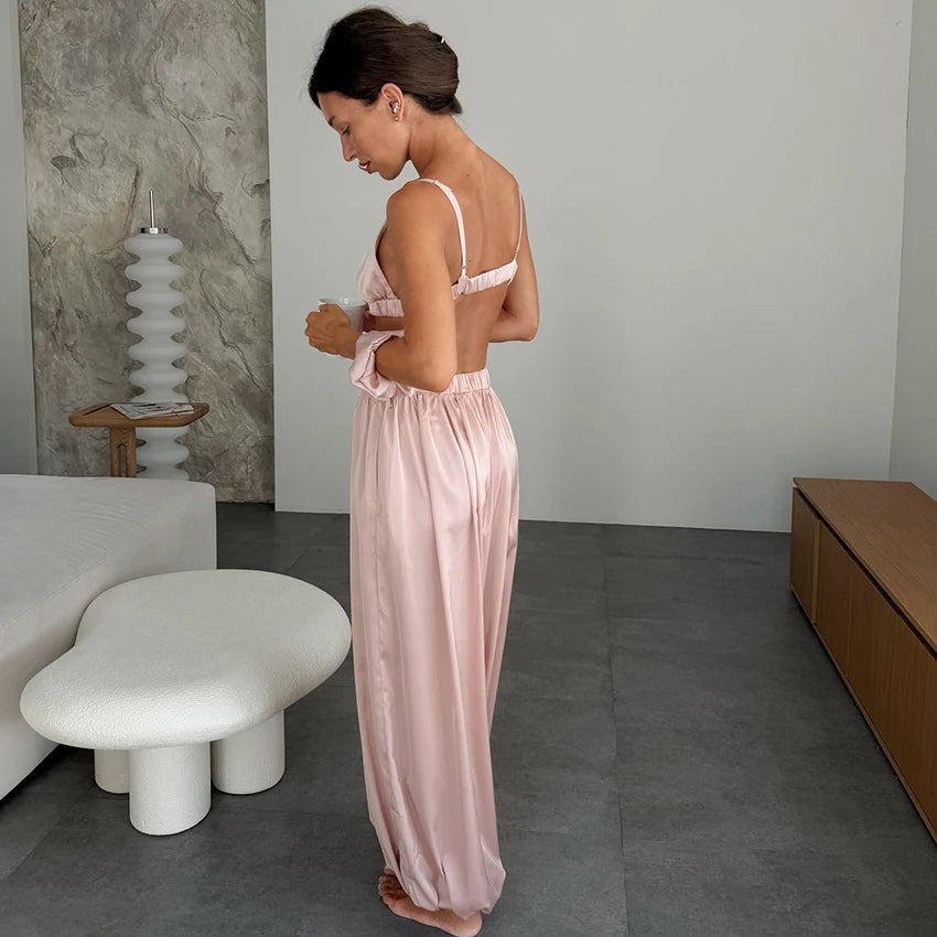 Hiloc Elegant Satin Trousers 2 Piece Set Pajamas Women Casual Crop Top Vest With Wide Leg Pants Suits Summer Sexy Sleepwear 2026