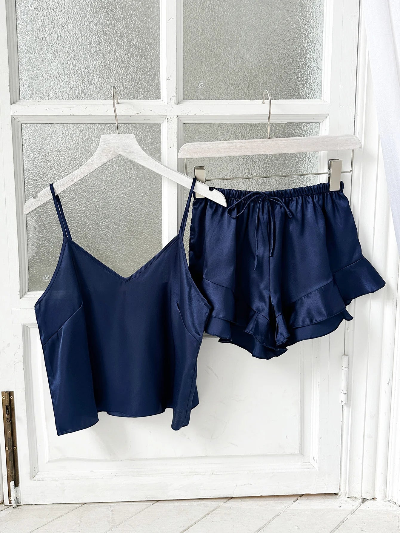 Summer Women's Satin Pajamas Loose Casual V-Neck Top With Ruffled Shorts Thin Home Wear