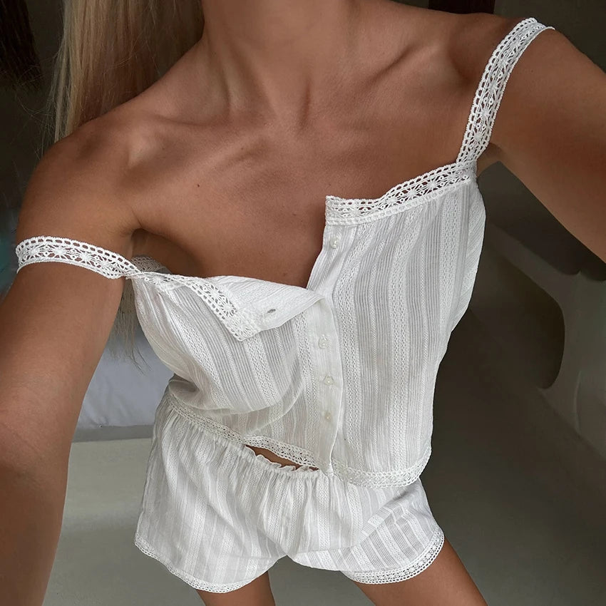 Hiloc Summer Elegant Jacquard Weave Shorts Suits Pajamas Cotton Ruffles White Sleepwear Home Spaghetti Strap Vest Casual Sets