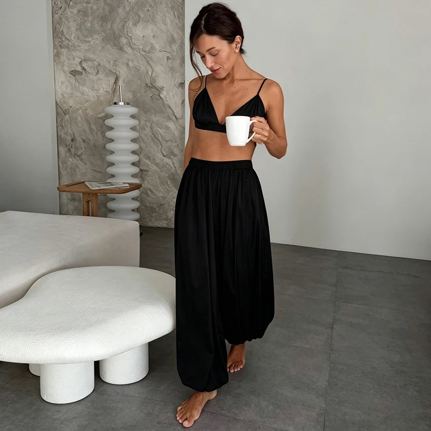 Hiloc Elegant Satin Trousers 2 Piece Set Pajamas Women Casual Crop Top Vest With Wide Leg Pants Suits Summer Sexy Sleepwear 2026