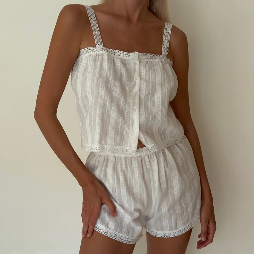 Hiloc Summer Elegant Jacquard Weave Shorts Suits Pajamas Cotton Ruffles White Sleepwear Home Spaghetti Strap Vest Casual Sets