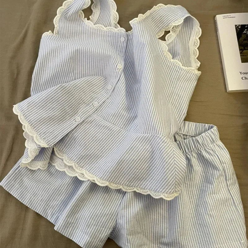 Striped Women Pajamas Summer Sleepwear Sleeveless Shorts Sets 2 Pieces Lace Night Wears Tank Korean Sleeping Home Suit 2025 New