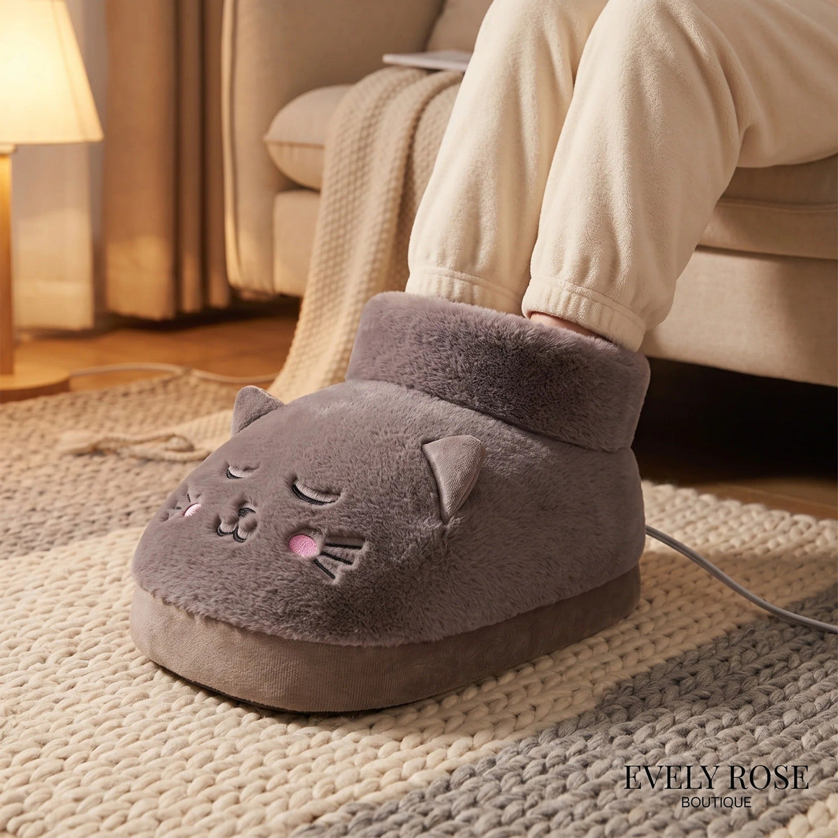 Grey cat electric foot warmer boot in use