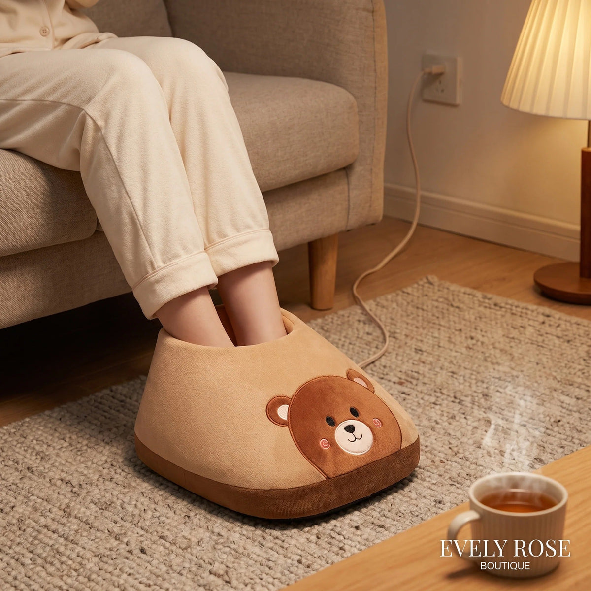 Teddy bear electric foot warmer boot in use