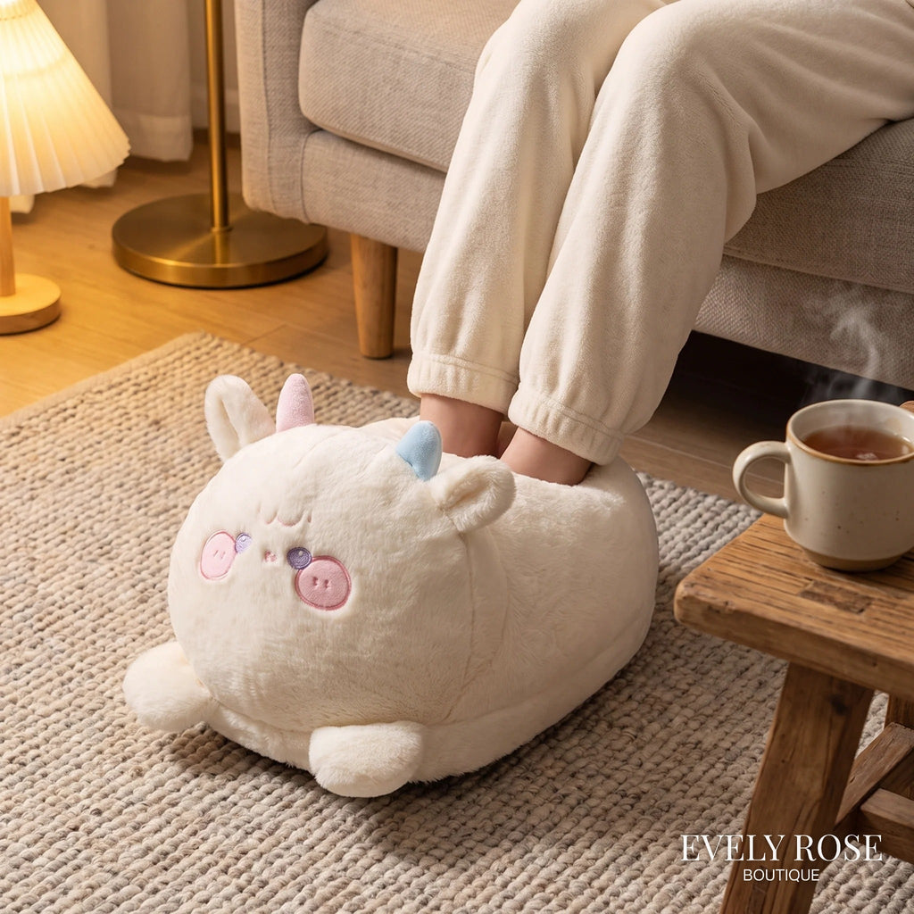 Unicorn electric foot warmer cushion in use