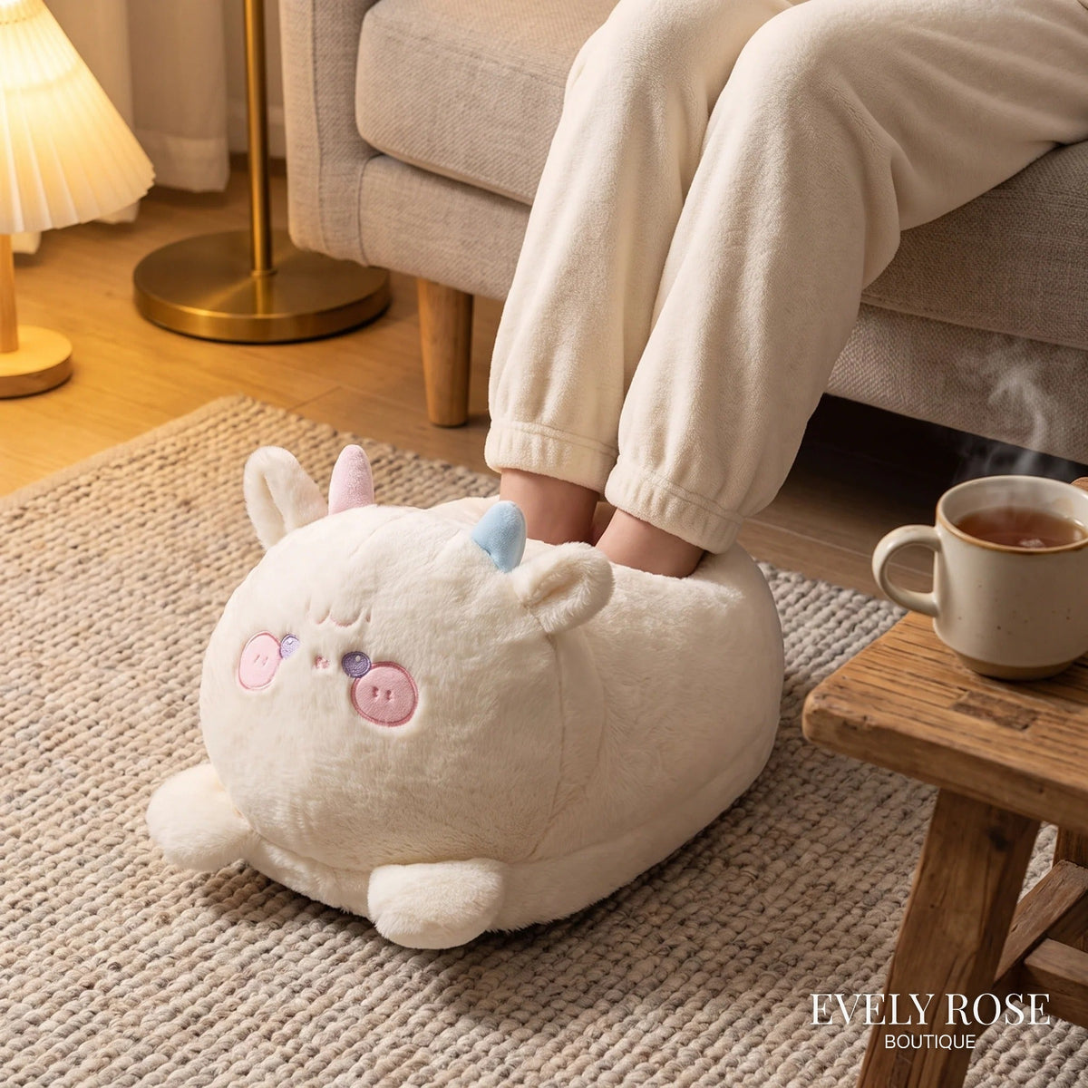 Unicorn electric foot warmer cushion in use