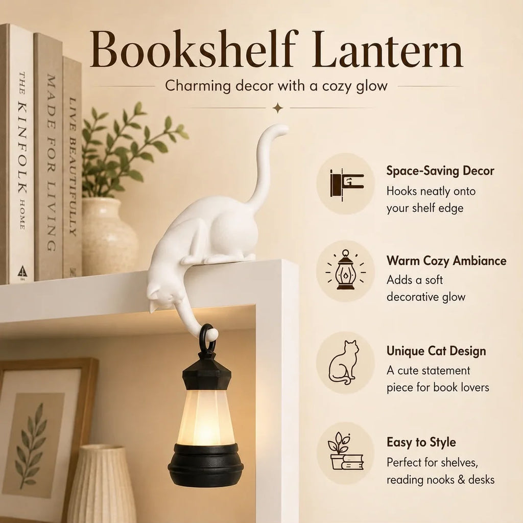 Bookshelf lantern features: space saving, warm glow, cat design, easy to style
