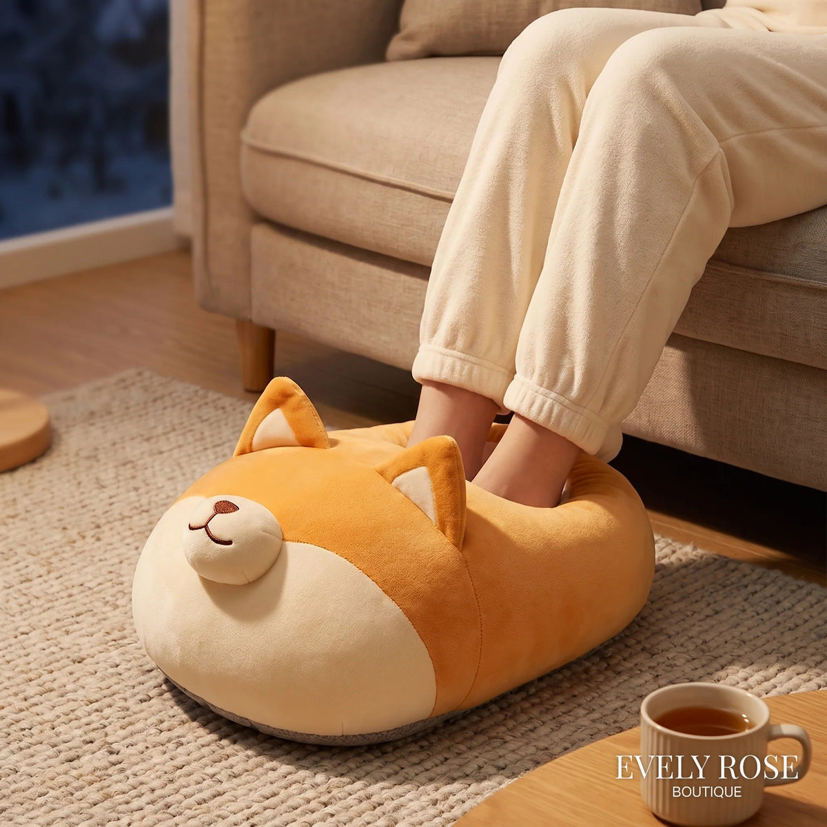 Shiba dog electric foot warmer in use