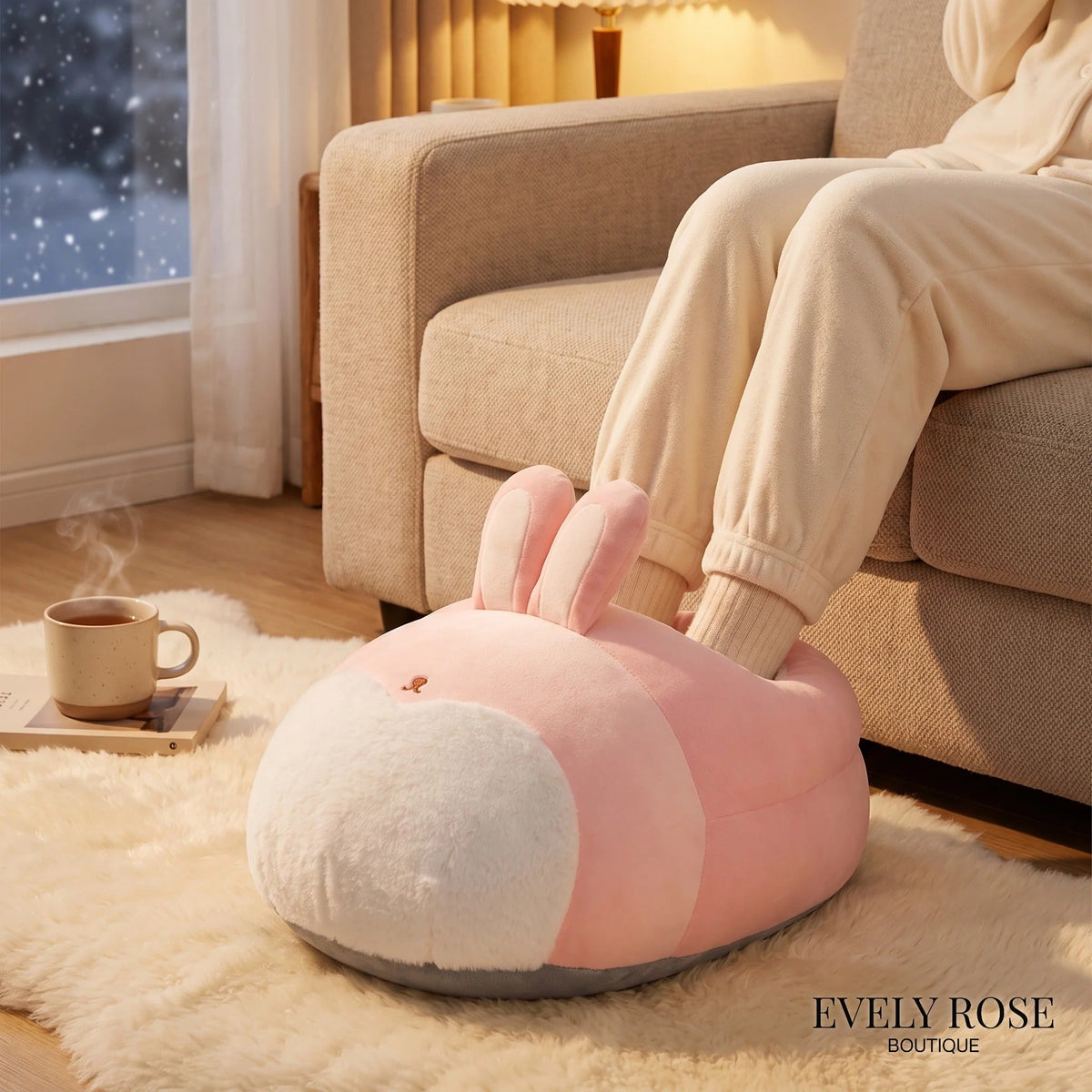 Pink rabbit electric foot warmer in use