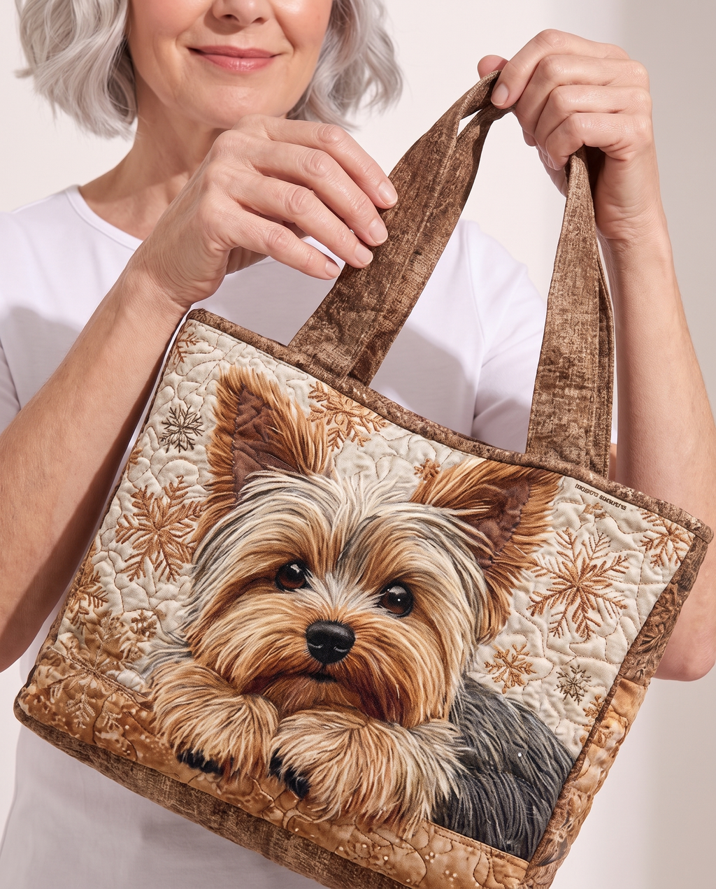 Model holding Yorkshire Terrier Portrait bag