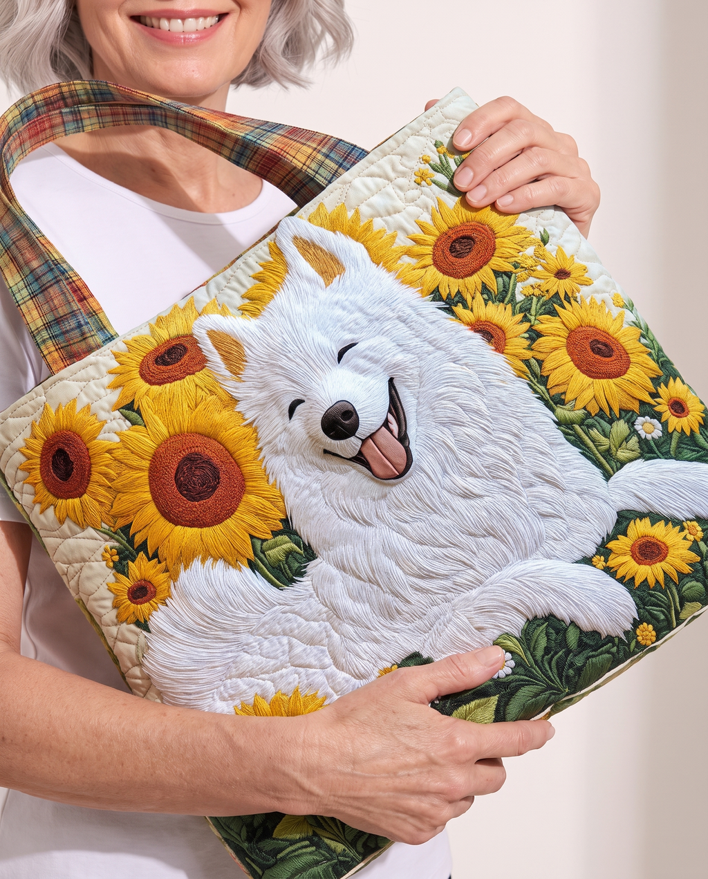 Model holding Samoyed & Sunflowers bag