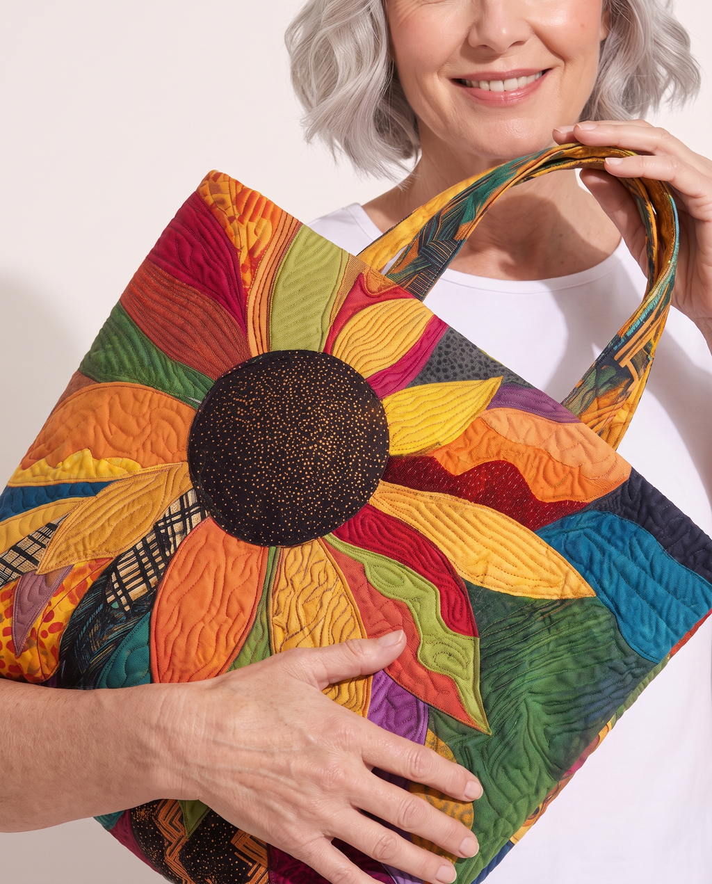 Model holding Abstract Sunflower Patchwork bag