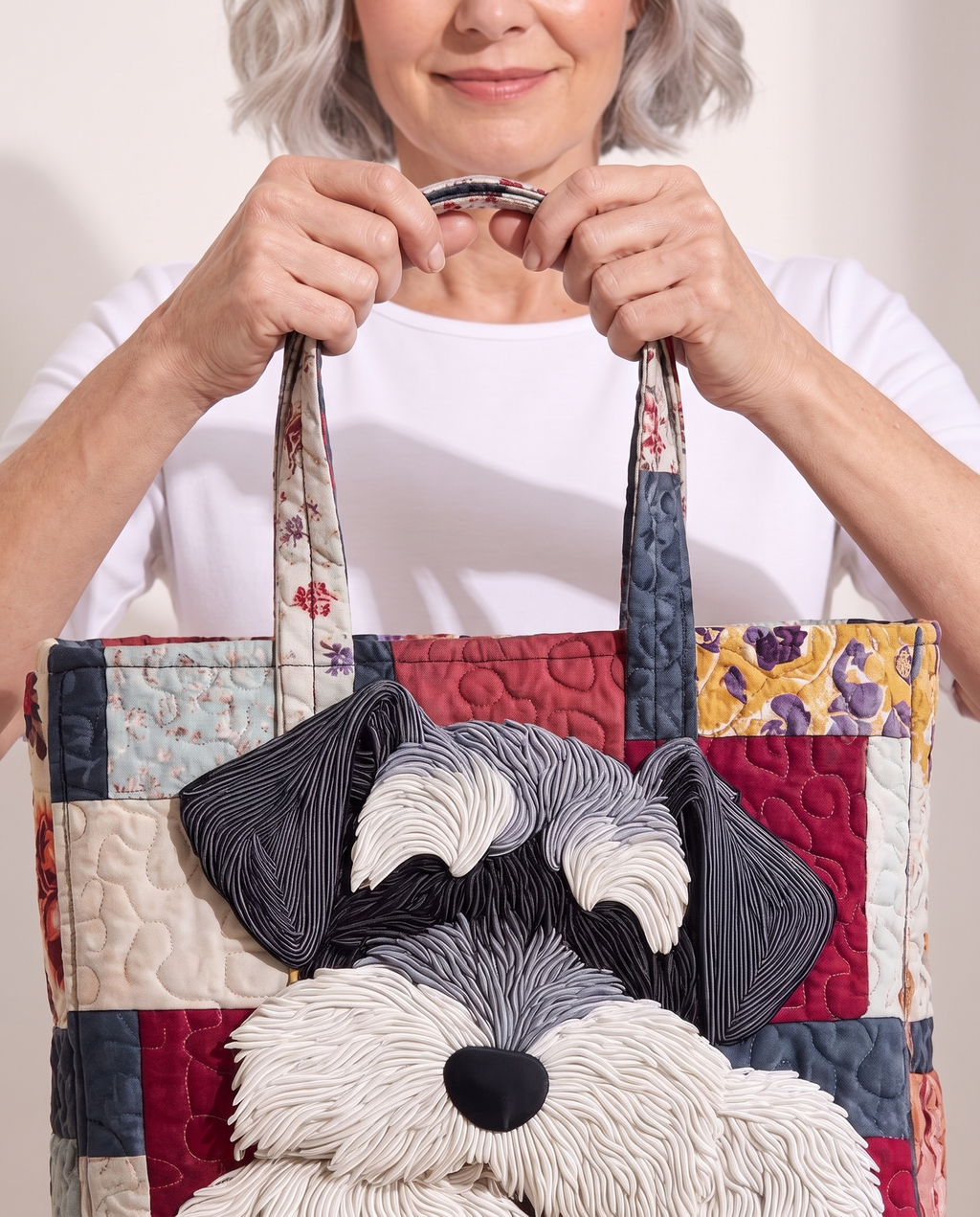 Model holding Schnauzer Portrait bag