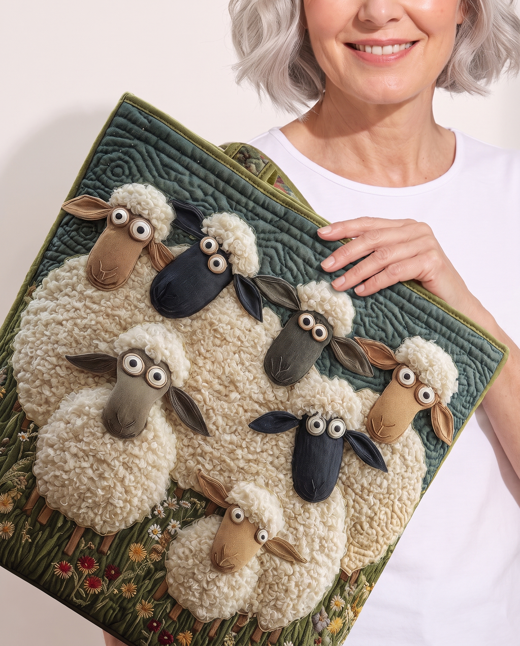 Model holding Fluffy Sheep Flock bag