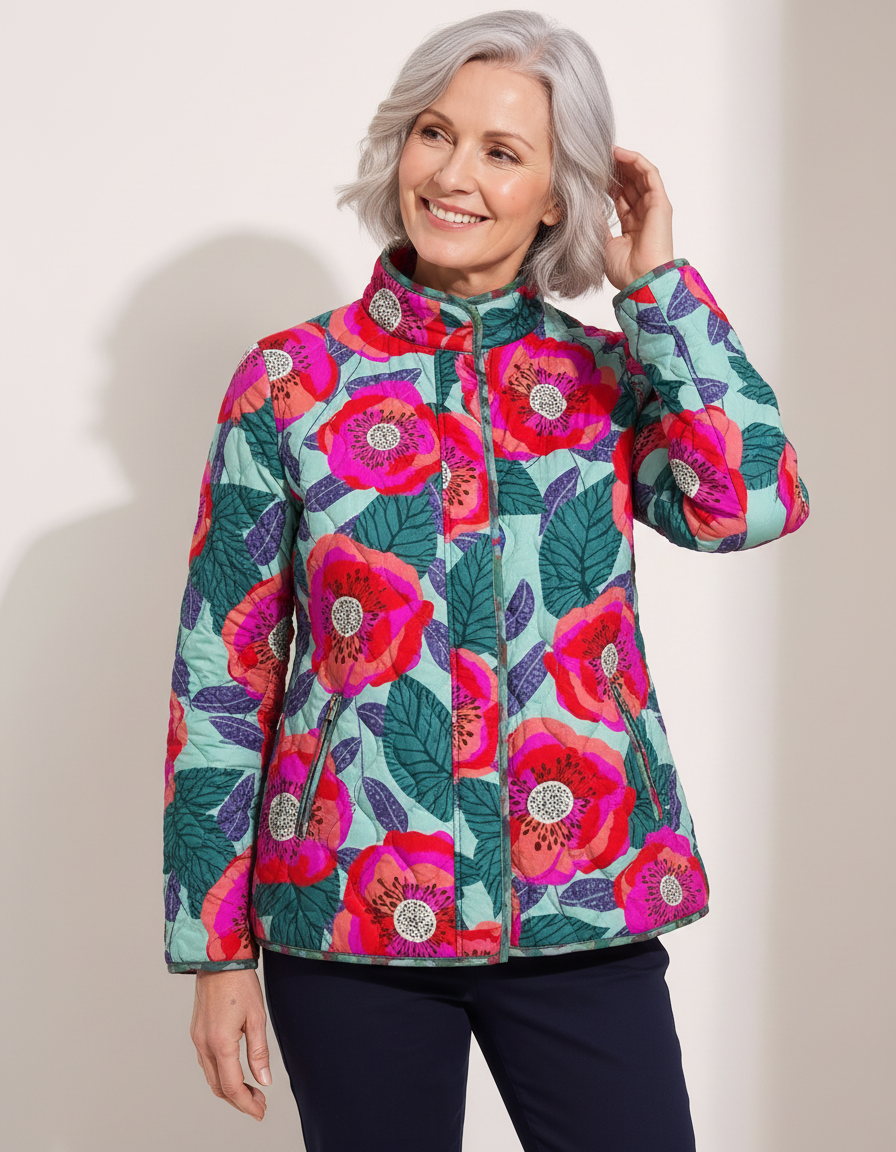 POPPY mint floral quilted jacket worn by model
