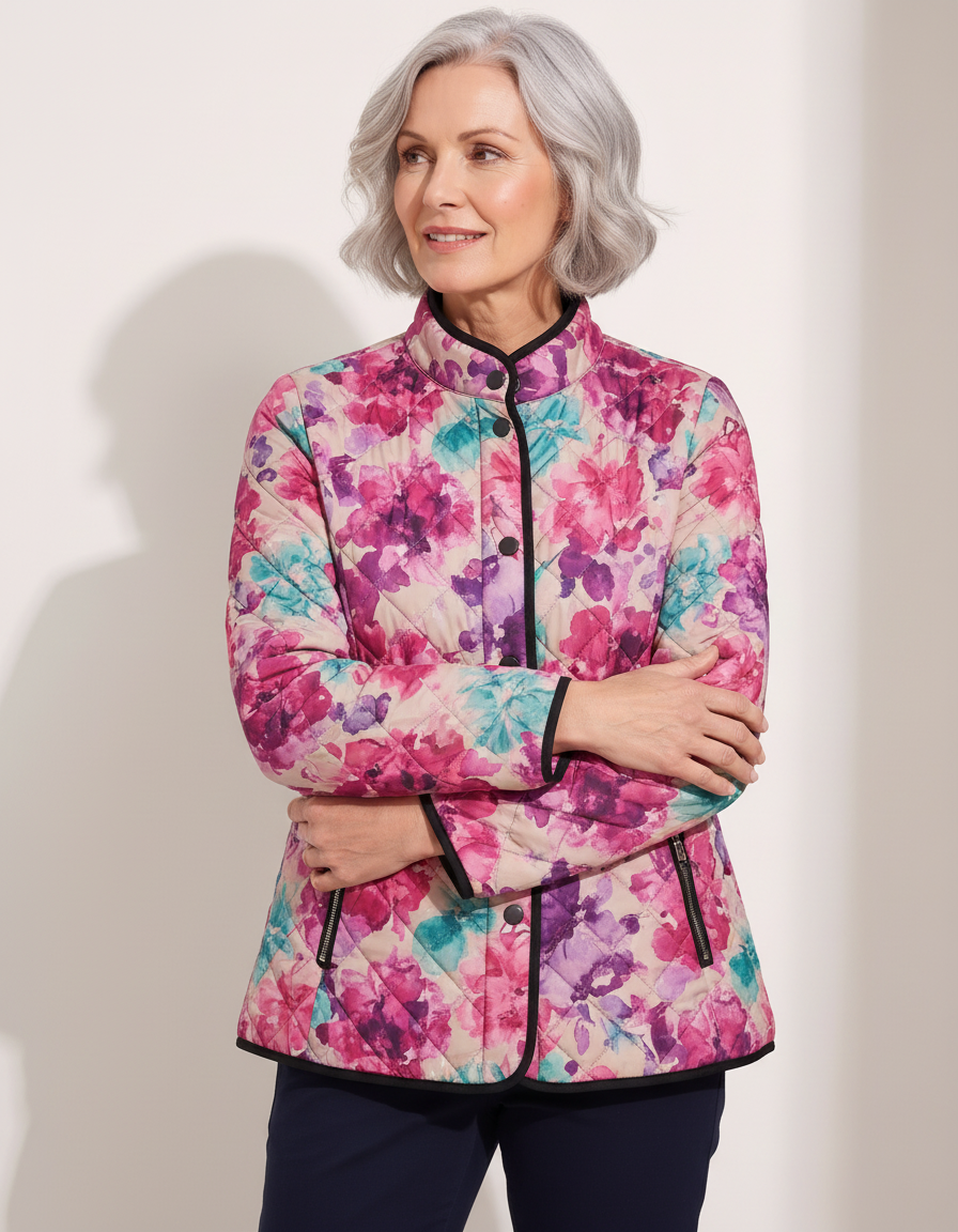 ISLA watercolor bloom quilted jacket worn by model