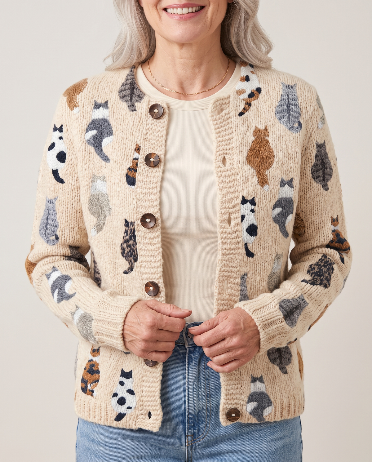 Seraphina Cozy Cat Print Cardigan - women's statement cardigan worn in studio