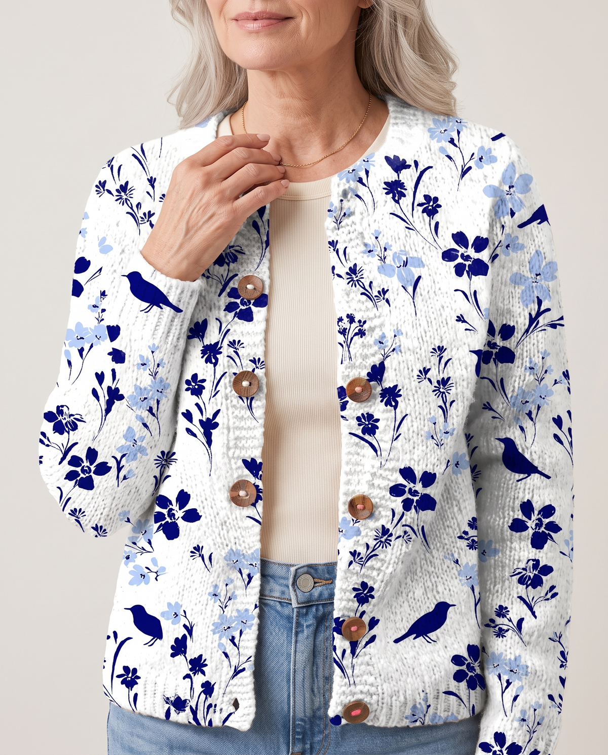 Primrose Floral Bird Print Cardigan - women's statement cardigan worn in studio