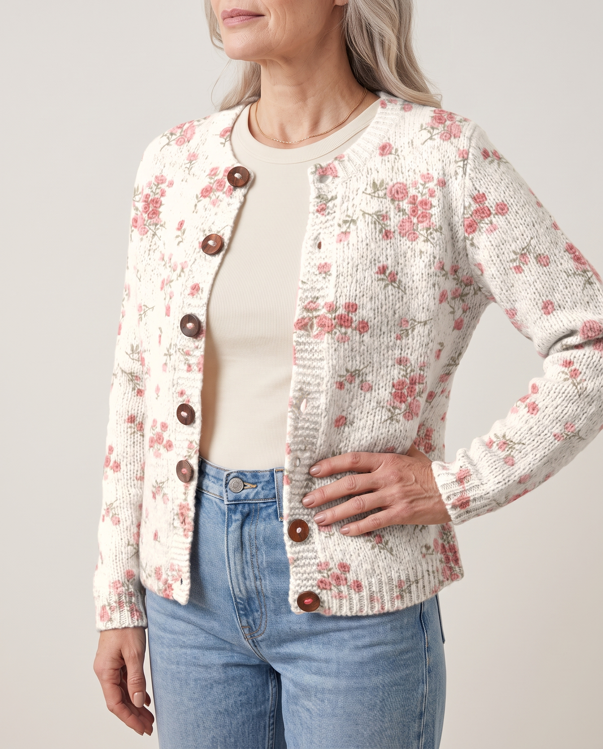 Clementine Pink Rose Floral Cardigan - women's statement cardigan worn in studio