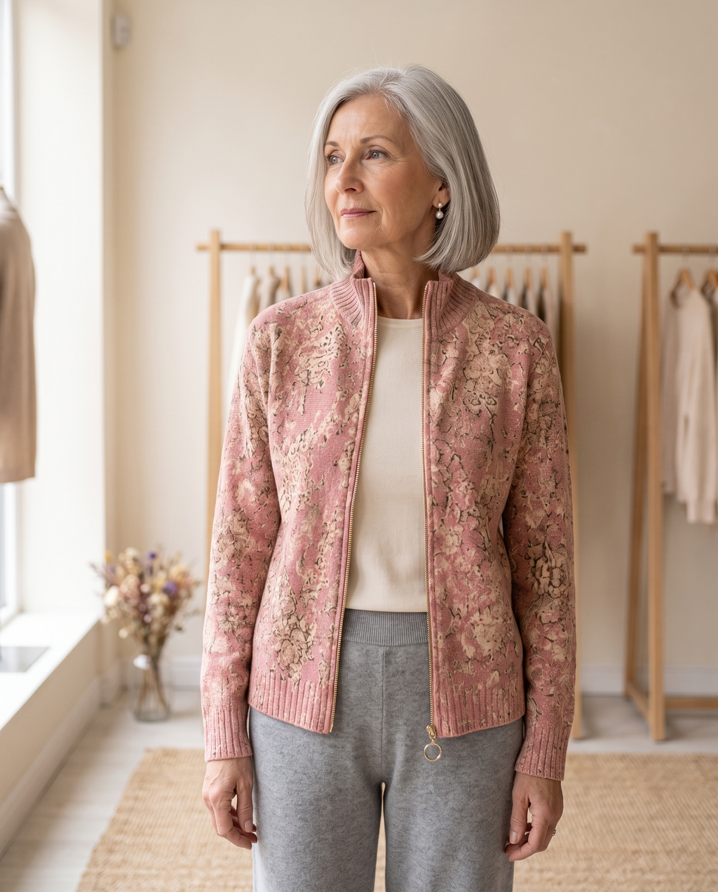 Woman in her 60s wearing the Tamsin gilded blossom zip cardigan in a boutique