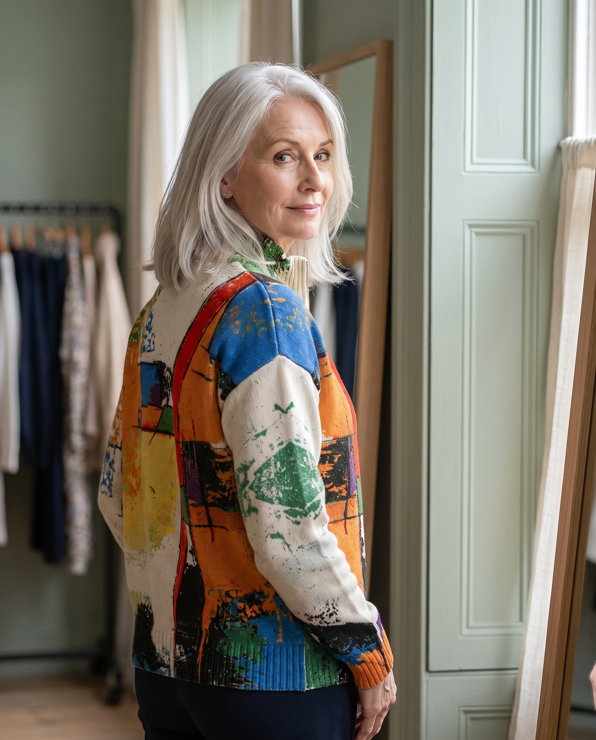 Woman in her 60s wearing the Seraphine painted canvas zip cardigan, back view showing the print across the back
