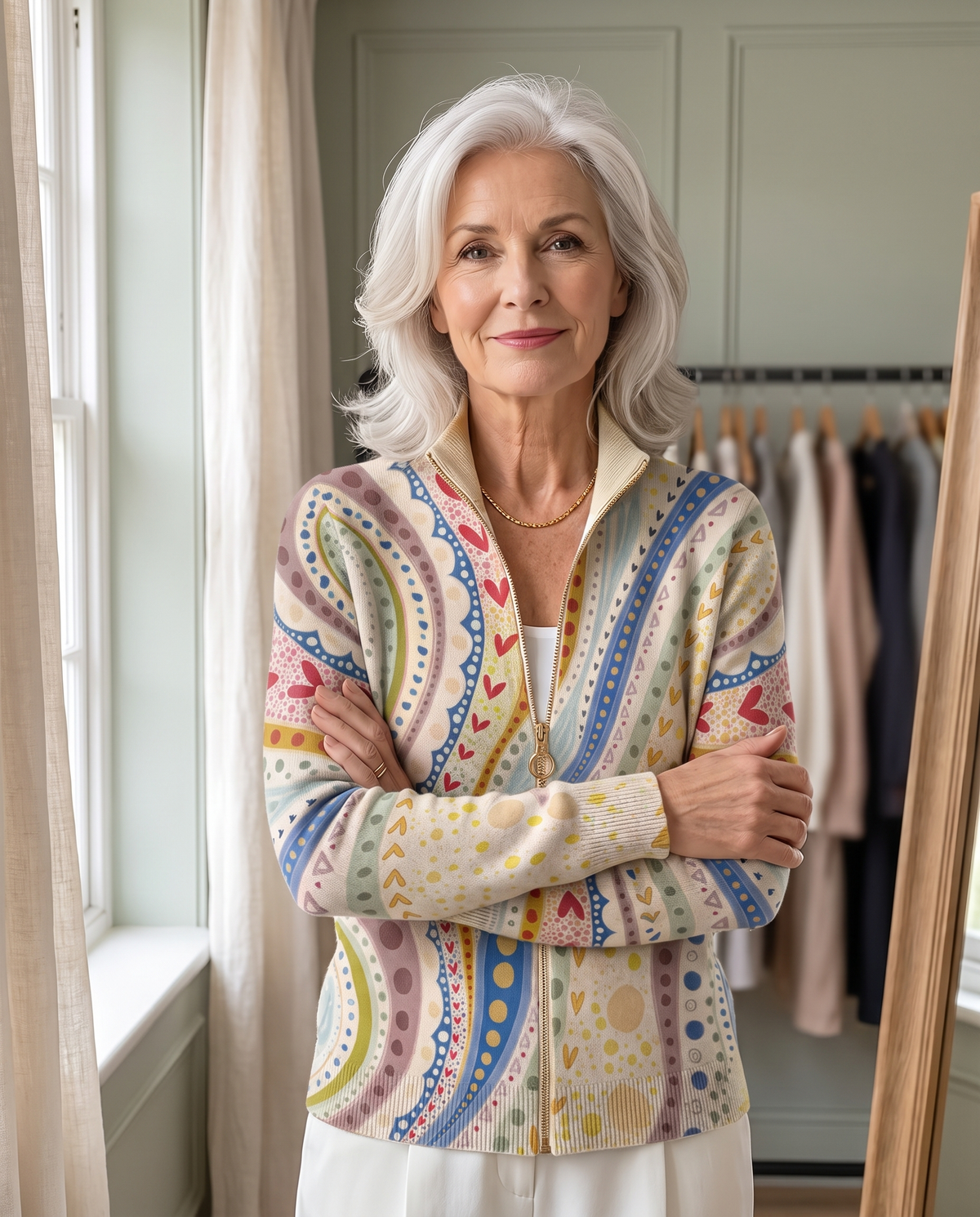 Woman in her 60s wearing the Wilhelmina painted paisley zip cardigan in a boutique