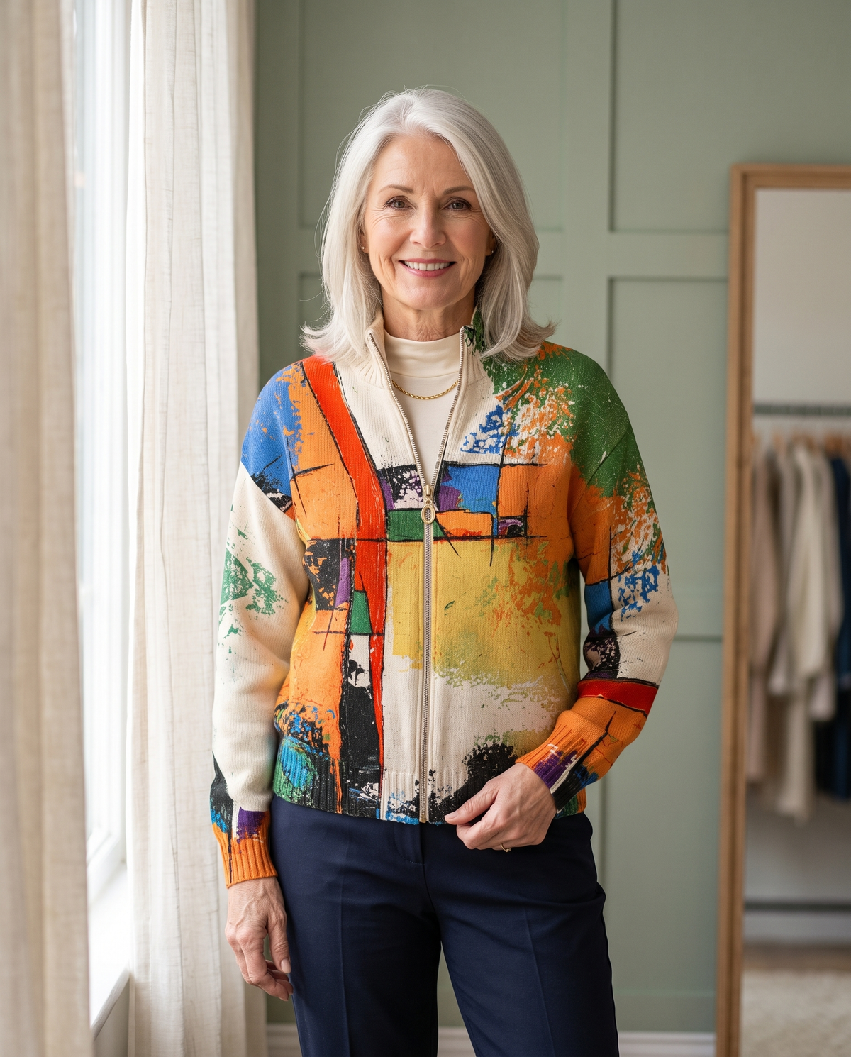 Woman in her 60s wearing the Seraphine painted canvas zip cardigan, front view, in a boutique