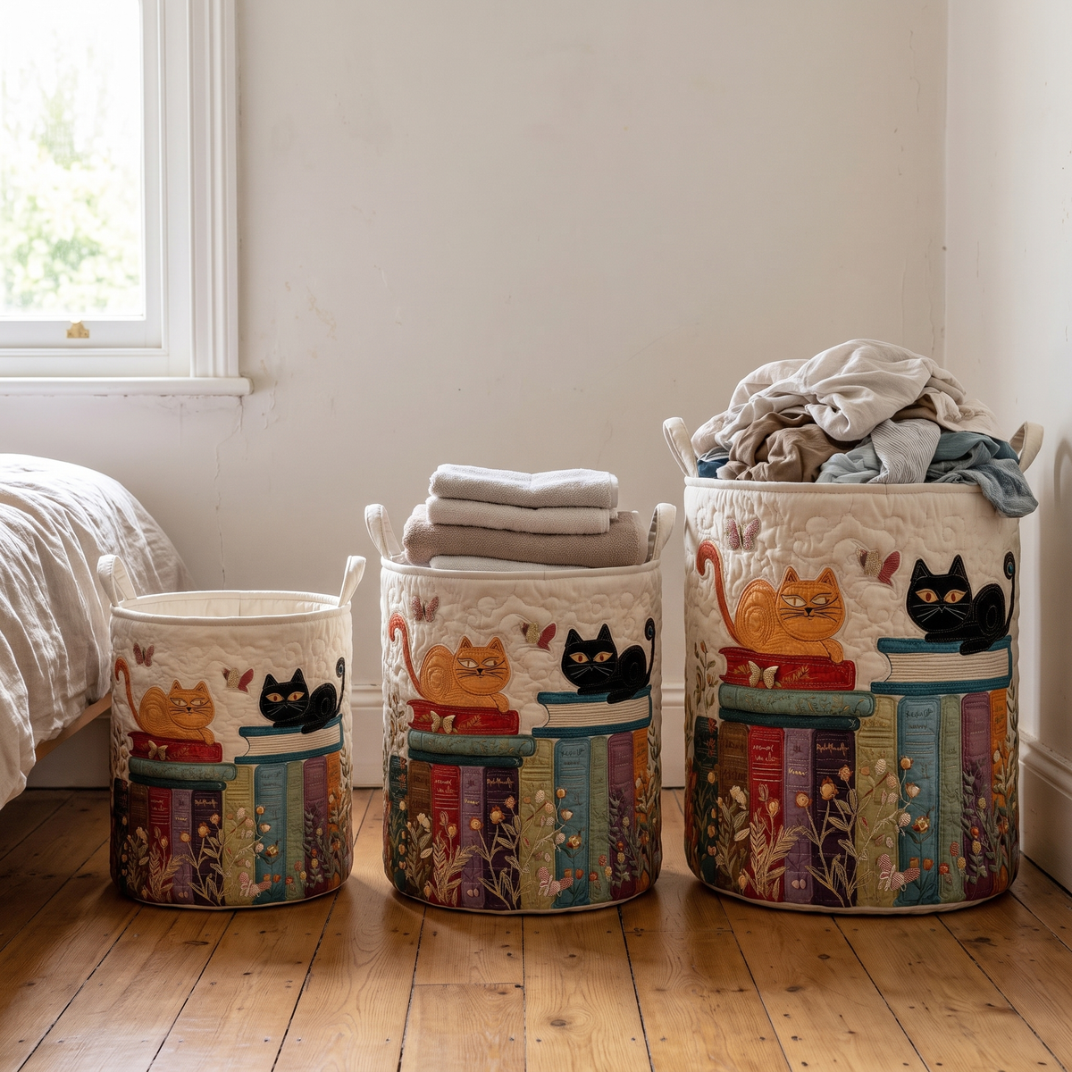 Cat Parade quilted laundry basket shown in all three sizes - small, medium and large - side by side in a bedroom
