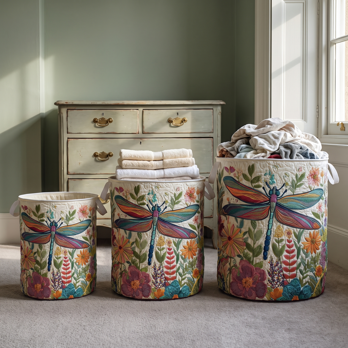 Dragonfly Garden quilted laundry basket shown in all three sizes - small, medium and large - side by side in a bedroom